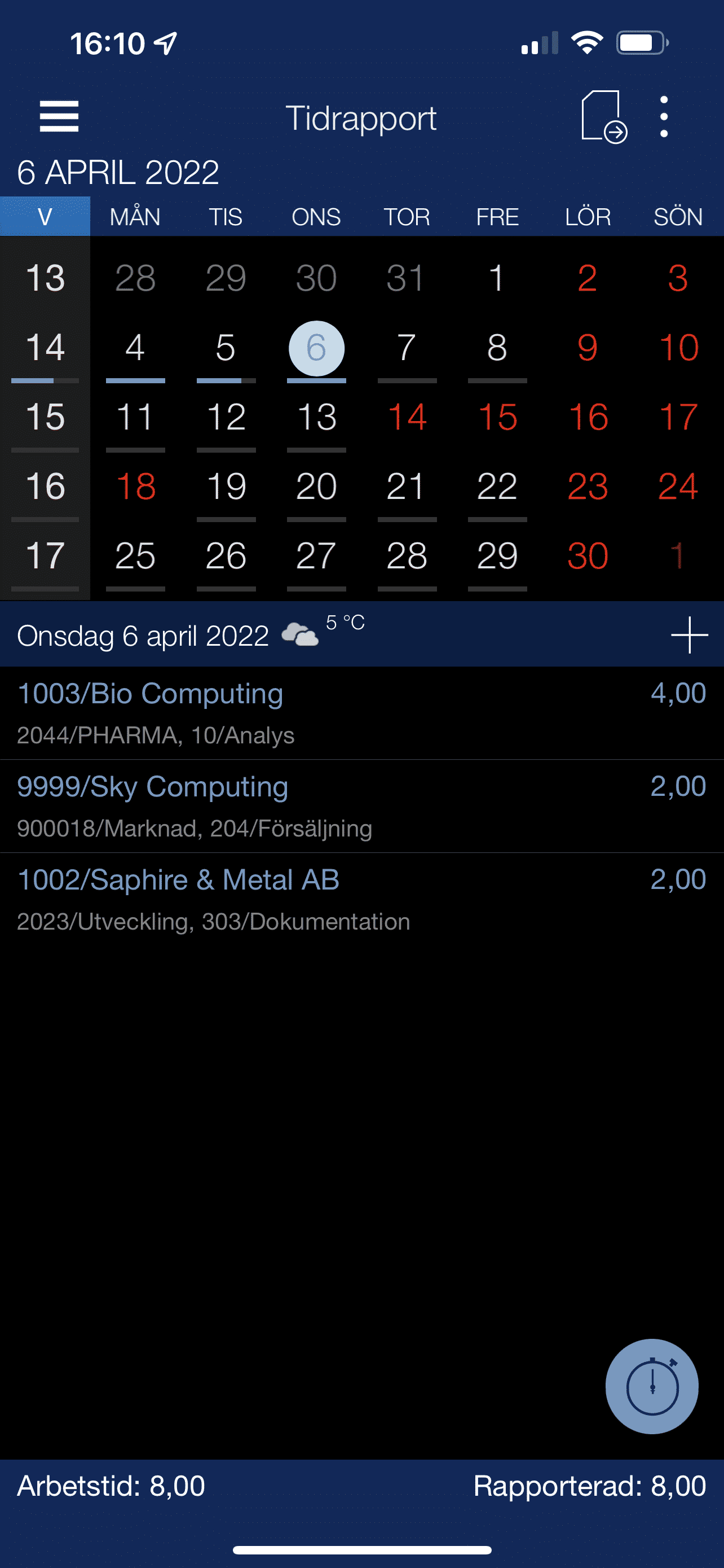 copernicus by 24sevenoffice - mobile dark time-sheet tidrapportering